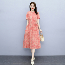 Hangzhou Four season Qingsuhang womens dress 2022 Summer new big code Crushed Flowers Cotton Linen Dress with waist display slim fit