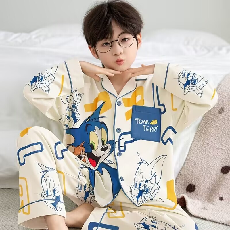 Children's Pajamas Spring and Autumn Boys and Girls Pure Cotton Cartoon Summer Thin Sweat-Absorbent Home Clothes for Older Kids Boys and Girls Children's Pajamas Spring and Autumn Boys and Girls Pure Cotton Cartoon Summer Thin Sweat-Absorbent Home Clothes for Older Kids Boys and Girls