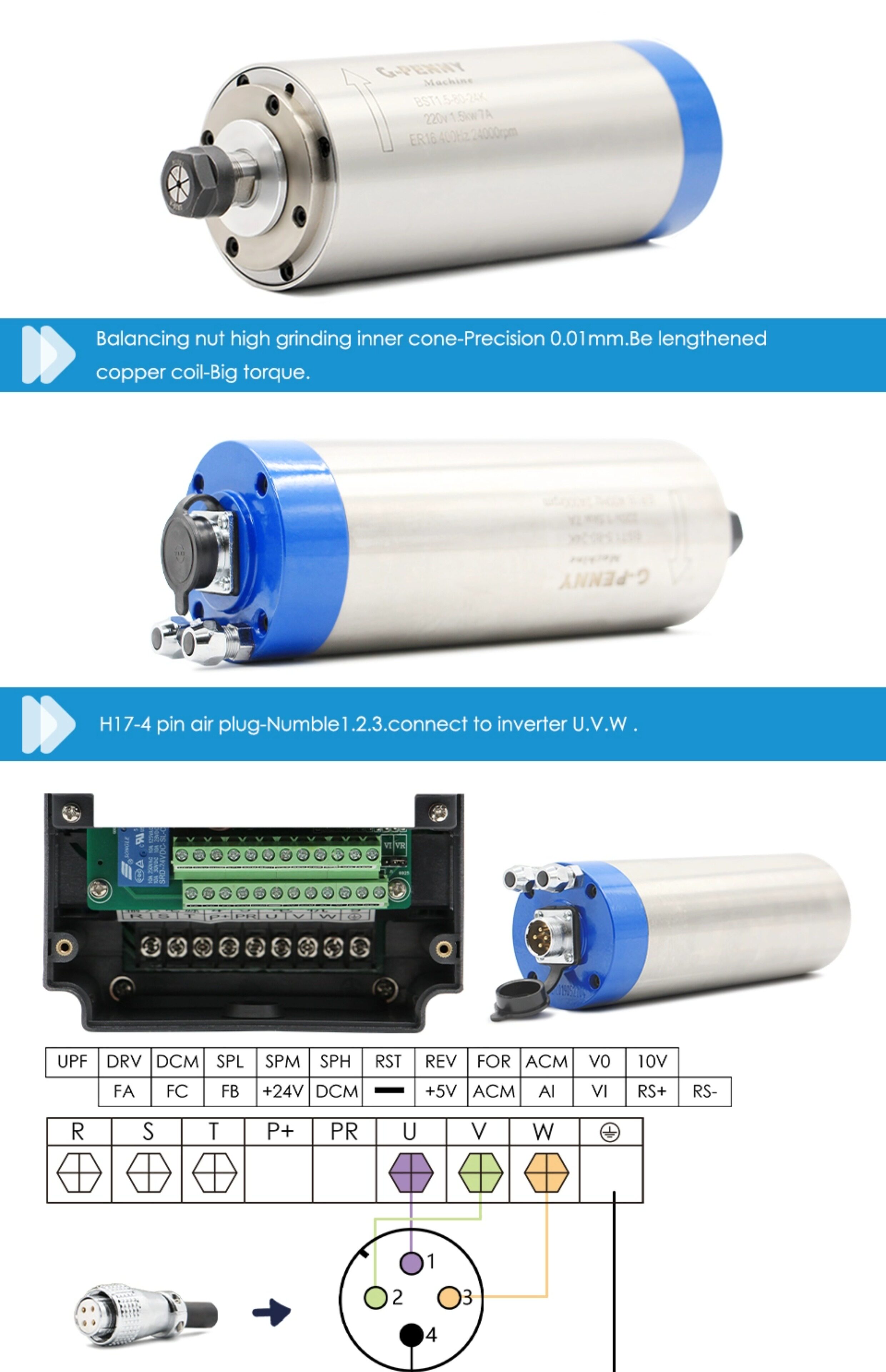 Шпиндель g-penny 220v 1.5kw er16 水冷主轴 环洋变频器 80mm夹具水泵套件 G/penny
