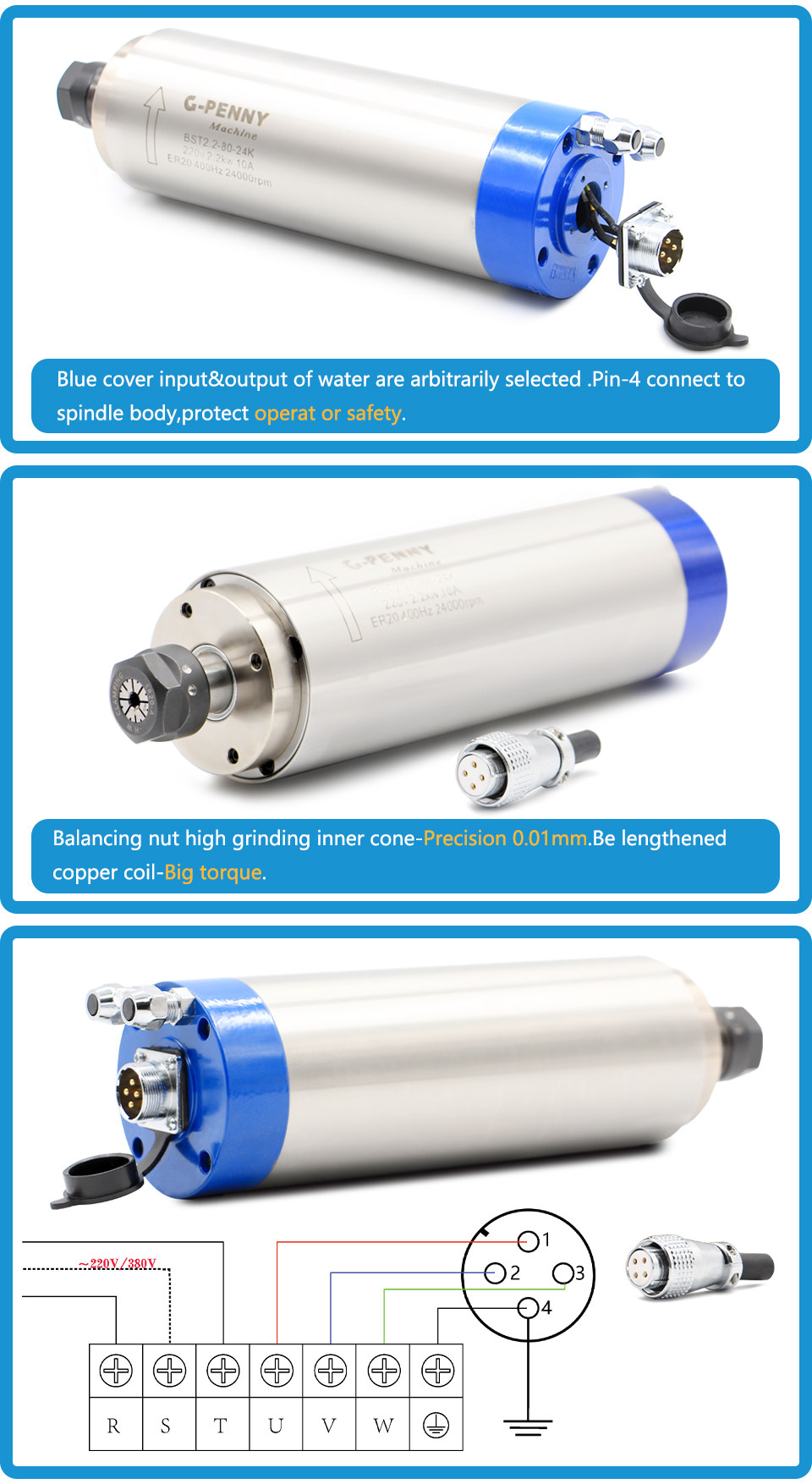 Шпиндель g-penny 220v 380v 2.2kw  水冷木工主轴电机er20 夹头 80mm 直径 G/penny machine
