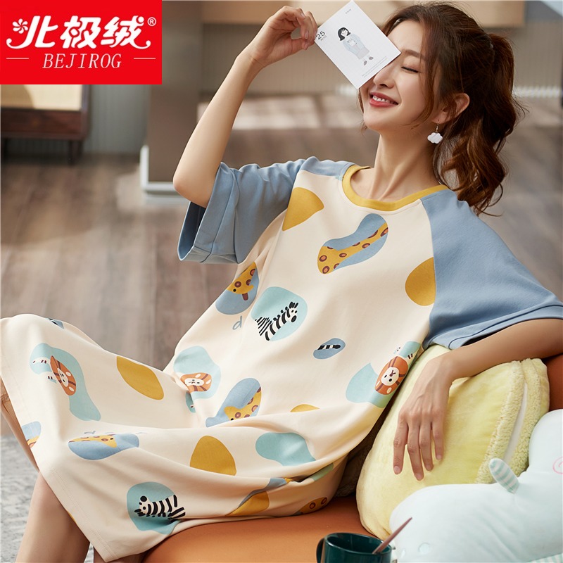 Arctic velvet 2021 women's night dress summer cotton large size medium and long version pajamas spring and autumn new short-sleeved home clothes