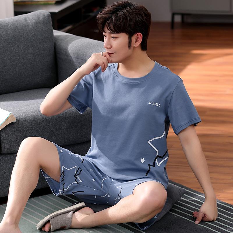 Summer pajamas male cotton short sleeve suit men spring and autumn thin thin and large number students can wear home clothes outside
