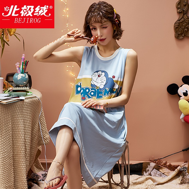Arctic velvet cartoon night dress women's summer sleeveless vest mid-length dress pure cotton pajamas women's spring and summer thin home clothes