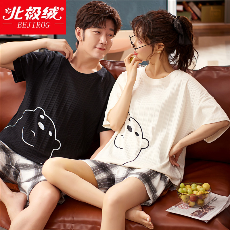 Arctic fleece couple pajamas women 2022 new summer cotton short sleeve set men's spring and autumn loose homewear