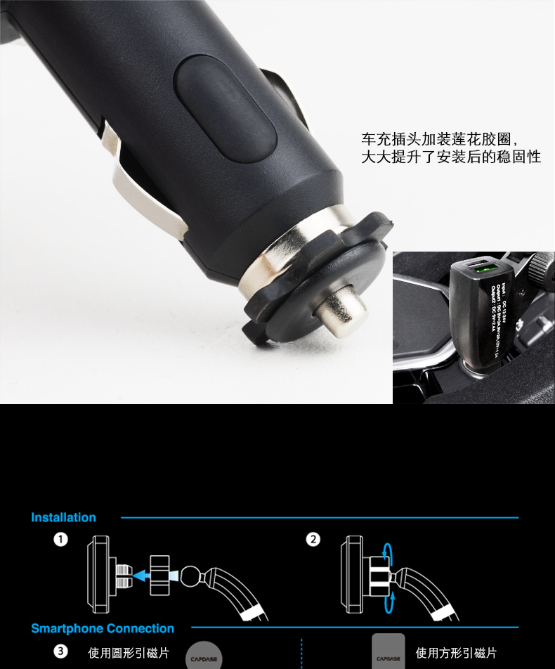 Carden Shi QC3.0 sạc nhanh xe sạc xe điện thoại nam châm khung xe điều hướng từ tính khung thuốc lá nhẹ hơn USB kép - Phụ kiện điện thoại trong ô tô đế đỡ điện thoại