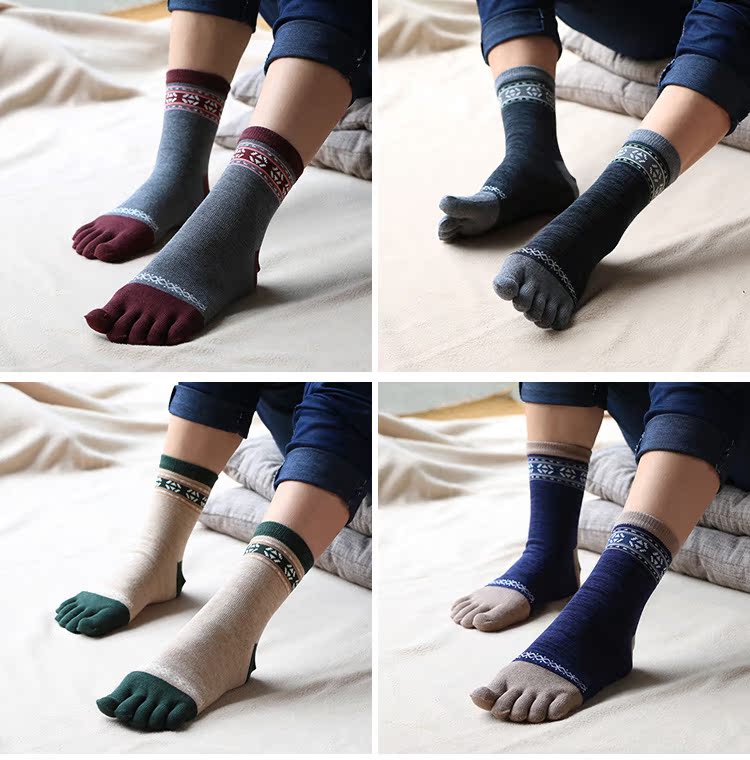 Vớ nam retro vớ năm ngón Tất nam cotton ống tối Tất mùa thu và mùa đông cotton kháng khuẩn bông quốc gia kháng khuẩn vớ xỏ ngón nam