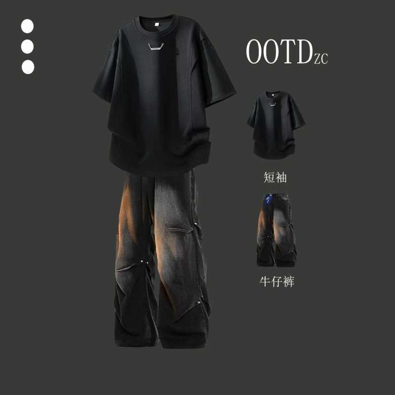 Summer New American High Street Style Men's Designer Two-Piece Set Deconstructed T-Shirt and Jeans Fashion Suit Trendy