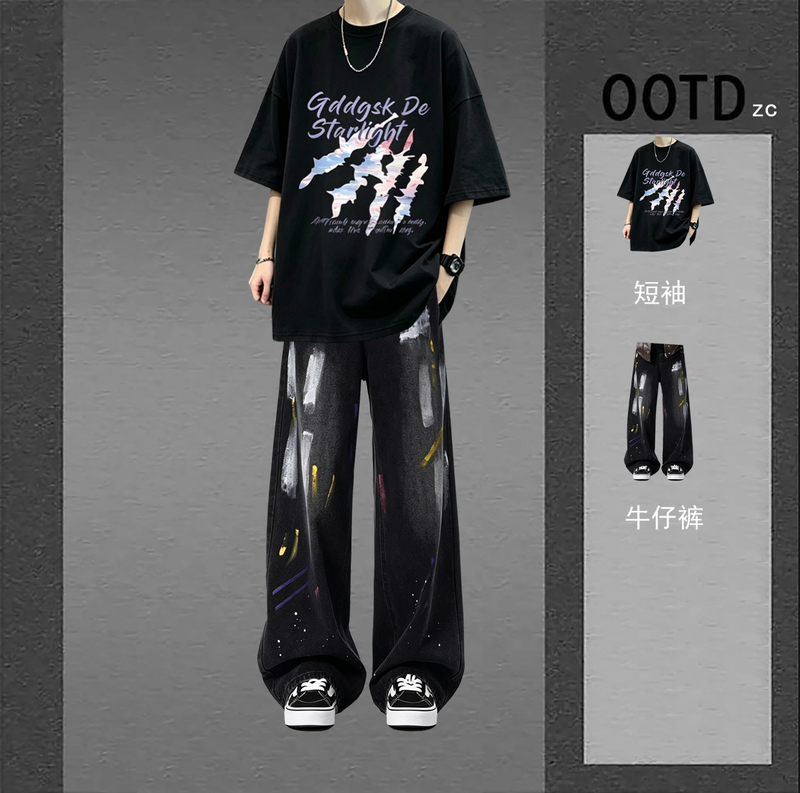 Summer Short-Sleeved Graffiti Long Pants Dark Style High Street Outfit for Middle and High School Students Trendy Brand Cool Two-Piece Set Summer Short-Sleeved Graffiti Long Pants Dark Style High Street Outfit for Middle and High School Students Trendy Brand Cool Two-Piece Set