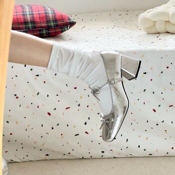 Mary Jane High Heels, Chunky Heel, Silver Single Shoes for Women, 2025 New Spring and Autumn Style, French Style, Suitable for Pairing with Dresses, Small Leather Shoes
