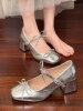 Mary Jane High Heels, Chunky Heel, Silver Single Shoes for Women, 2025 New Spring and Autumn Style, French Style, Suitable for Pairing with Dresses, Small Leather Shoes