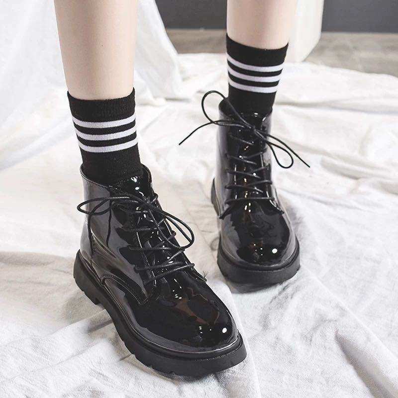 Clearance Price New British Style Versatile Short Boots Autumn and Winter Flat Lace-Up Martin Boots Women's Single Boots Patent Leather Women's Shoes