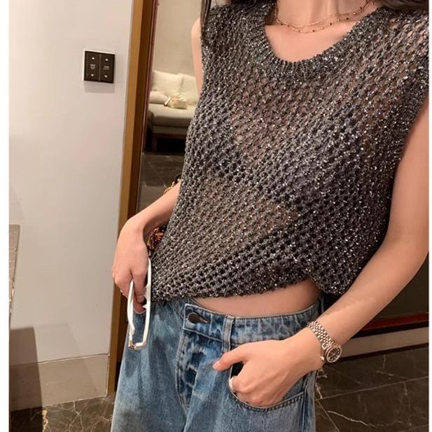 Knitted Mesh Semi-Sheer Sleeveless Vest, Gold Thread Linen Vest for Women, Hollow-Out Casual Niche Design Top Vest