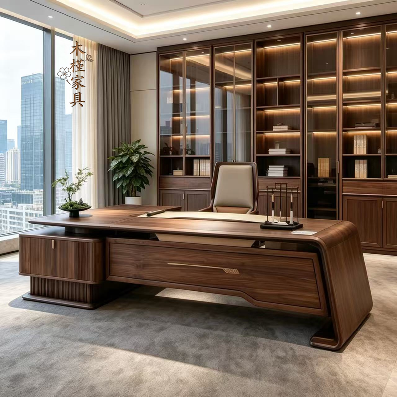 Modern Minimalist and Elegant Office Desk, Black Walnut Solid Wood Executive Desk, General Manager's Office Boss Desk, Executive Desk