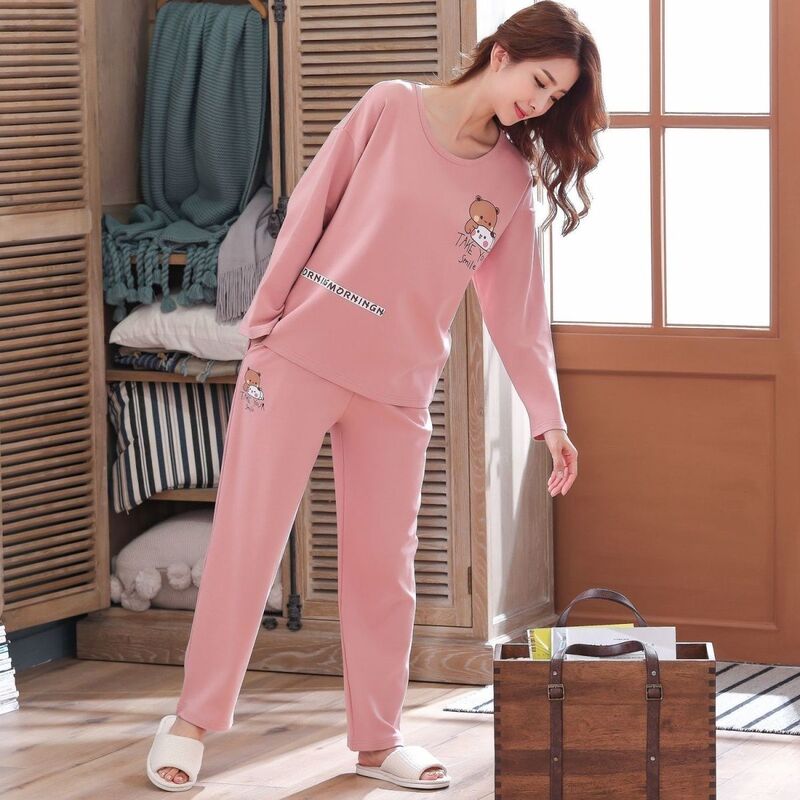 100% Pure Cotton Pajamas for Women, Spring and Autumn Style, Long-Sleeved, Casual, Loose, Sweet, and Suitable for Wearing Outside, High-Quality Cotton Home Wear Set