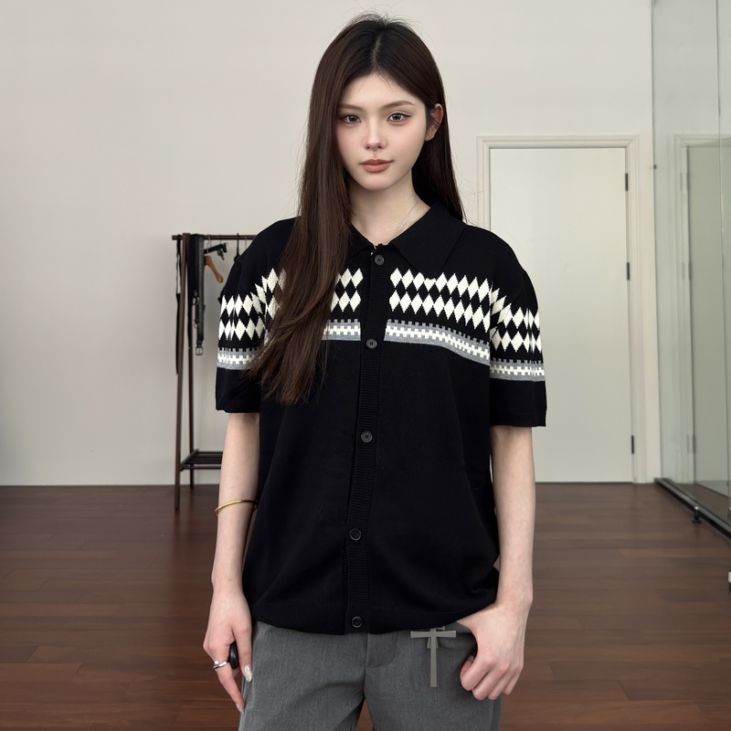 Ahcn【Fair Isle Cardigan】Diamond Pattern Jacquard Lapel Button Short-Sleeve Knitted Wool Blend Cardigan Top