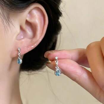 Counter official 925 silver needle blue zircon earrings, earrings, women's niche unique earrings, high-end earrings, simple and simple