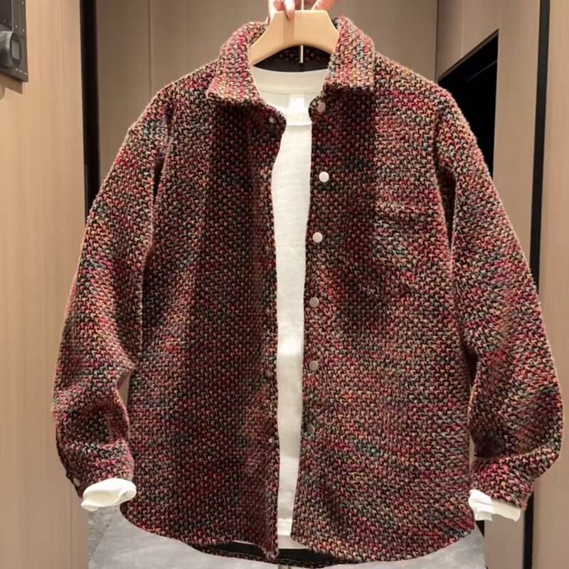 Tweed Style Lapel Woven Plaid Cotton Jacket for Men, Autumn and Winter Korean Style Loose Casual Couple's Swallowtail Shirt Jacket Tweed Style Lapel Woven Plaid Cotton Jacket for Men, Autumn and Winter Korean Style Loose Casual Couple's Swallowtail Shirt Jacket