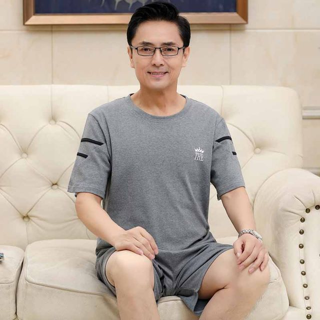 Middle-aged and elderly men's pajamas summer short-sleeved shorts pure cotton father home service father middle-aged suit plus size