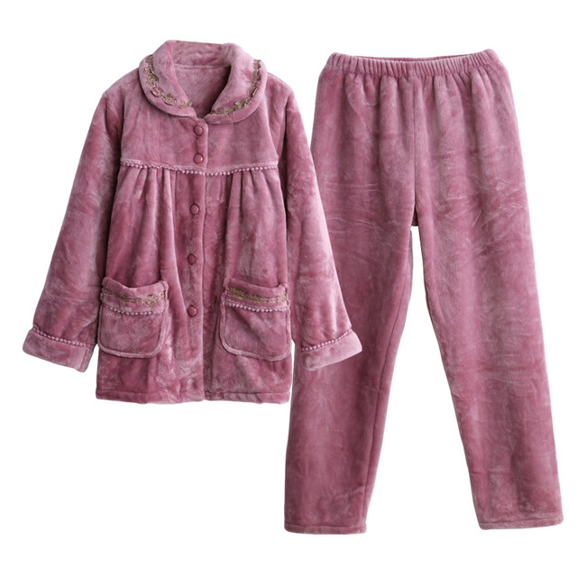 Autumn and winter coral velvet pajamas for women, winter plus velvet, thickened, middle-aged and elderly flannel warm mom home clothes set