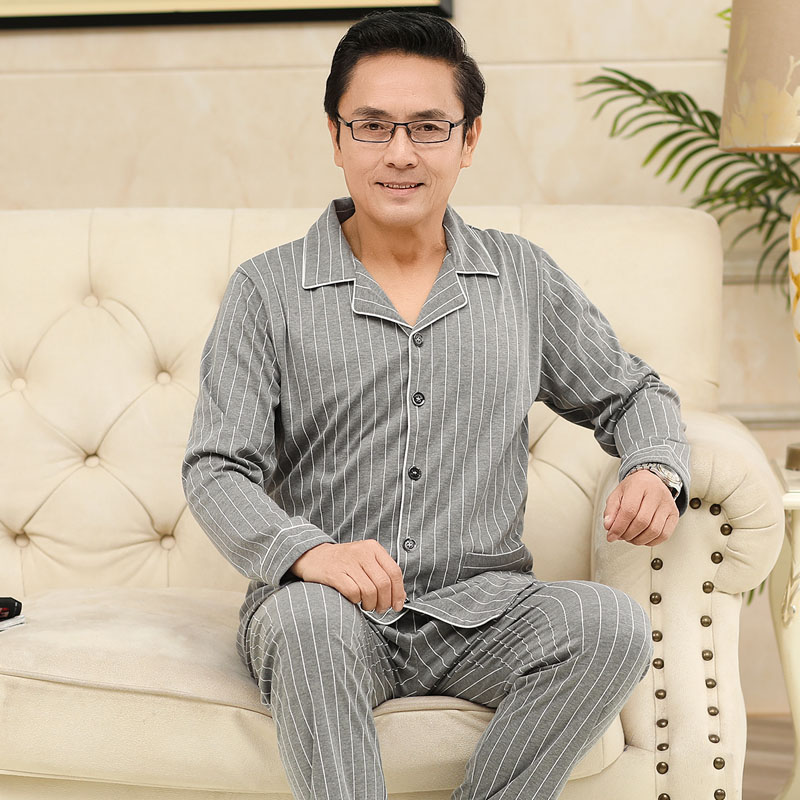 Bộ đồ ngủ mens dài tay áo bông cotton vào mùa xuân và mùa thu trung niên cha nhà quần áo mùa thu và mùa đông hình học mens mẫu quần áo mùa xuân về nhà.