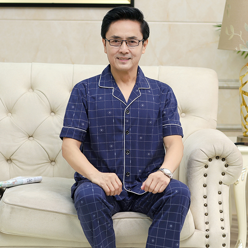 mens mùa hè đồ ngủ ngắn tay pajama quần cotton thiết lập quần áo nhà mỏng cardigan đồ ngủ trung niên cỡ lớn.