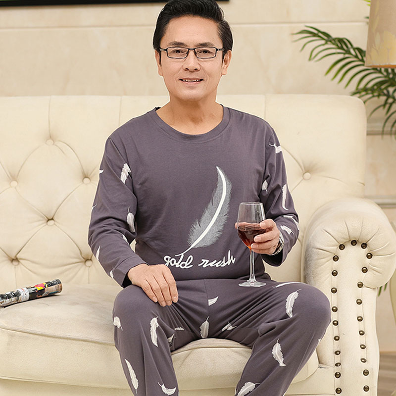 Bộ đồ ngủ mens dài tay áo bông cotton vào mùa xuân và mùa thu trung niên cha nhà quần áo mùa thu và mùa đông hình học mens mẫu quần áo mùa xuân về nhà.