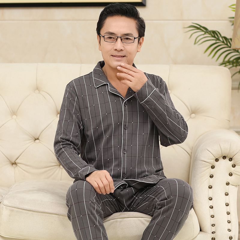 Bộ đồ ngủ mens dài tay áo bông cotton vào mùa xuân và mùa thu trung niên cha nhà quần áo mùa thu và mùa đông hình học mens mẫu quần áo mùa xuân về nhà.