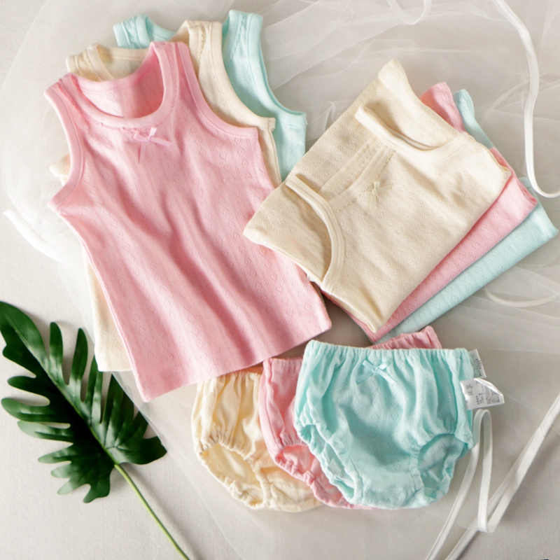 Summer Cotton Mesh Underwear for Little Girls, Camisole, Triangle Panties, Breathable and Sweat-Absorbent Candy Color