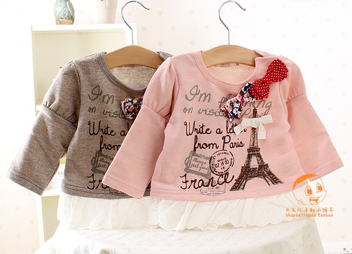 Outspring autumn baby hit undershirt Korean version of bubble sleeves lace T-shirt girl pure cotton long sleeve T-shirt 80-95 yards