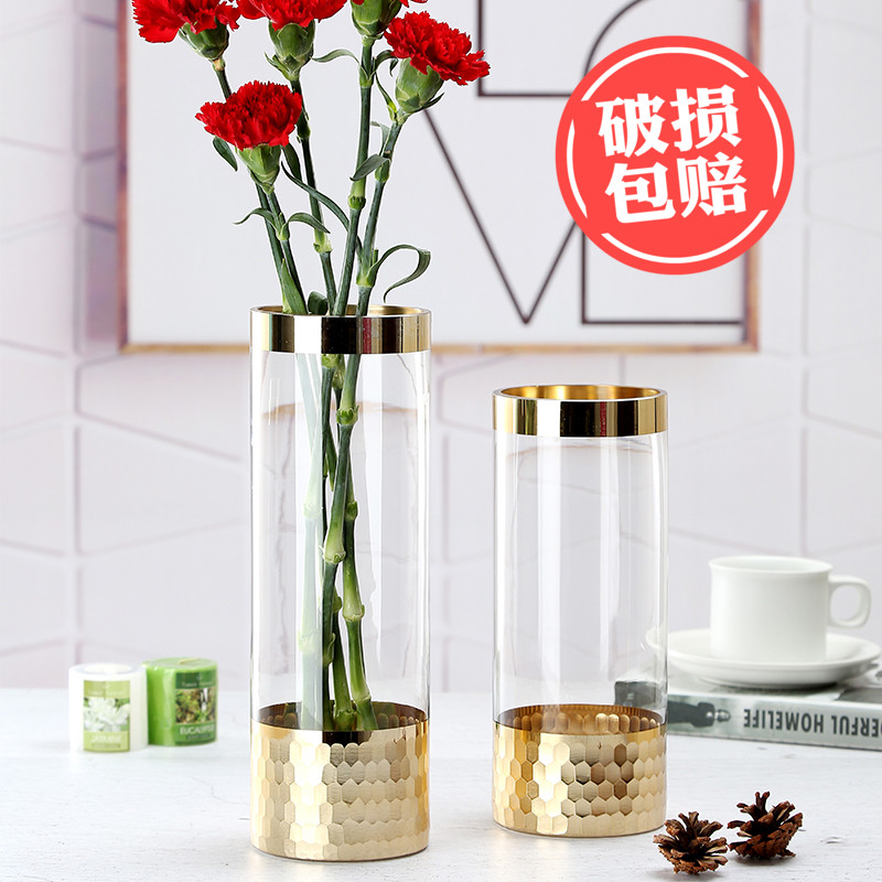 Nordic light luxury gold glass vase transparent gold mouth flowers rich bamboo water culture flower living room simple swing
