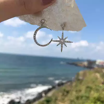 S925 silver needle eight stars moon temperament earrings female Korean simple all trend personality asymmetry ear needle