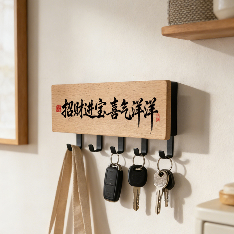 No-Drill Entryway Key Storage Hook, Solid Wood Wall-Mounted, Behind-The-Door Bag and Coat Hanger, Creative Decorative Storage Rack