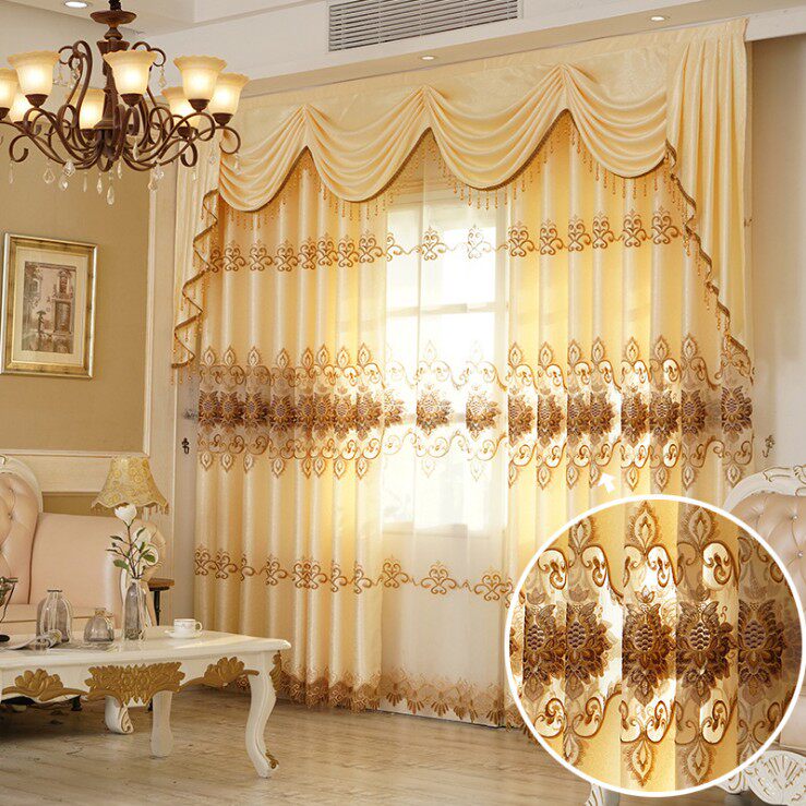 New customized European high-end living room floor curtain gauze curtain shade shade sunscreen water soluble jacquard hollow embroidery finished product