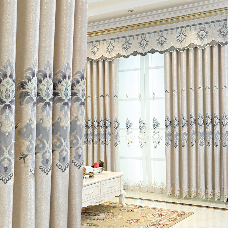 Customized thickened European high-end luxury living room floor-to-ceiling blackout curtain gauze embroidery finished fabric