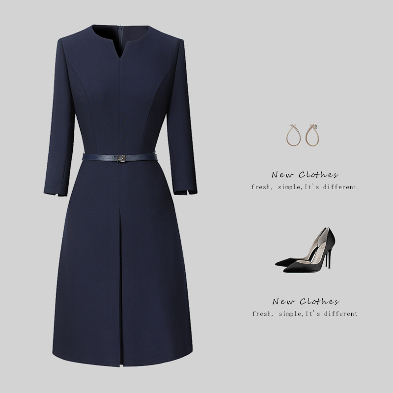 Three-Quarter Sleeve Professional Dress for Women, Spring and Autumn, Elegant, Waist-Cinching, Slimming, Sales Assistant Workwear, Workplace Commuting Uniform