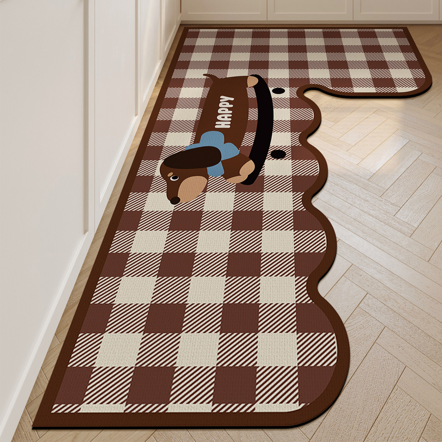 Cartoon simple kitchen special floor mats for home use, dirt-resistant, anti-slip, anti-oil, wipeable, wash-free L-shaped carpet absorbent floor mats