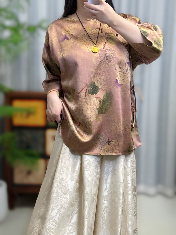 【Pink Hydrangea Sweater】Perfect Silk Fragrant Cloud Yarn Leather-Like Seven-Sleeve Sweater 70-80 Long Bust 120