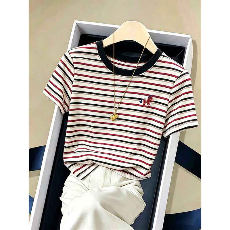 Korean Style Pure Cotton Color-Block Striped Short-Sleeve T-Shirt for Women, Fashionable and Versatile Burgundy Top for Summer