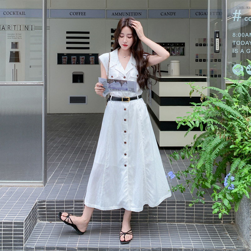 White Sleeveless Shirt Dress for Women, Summer 2026 New Style, French Light Mature Style, High-End Feel, Elegant, Waist-Cinching, Slimming Long Dress