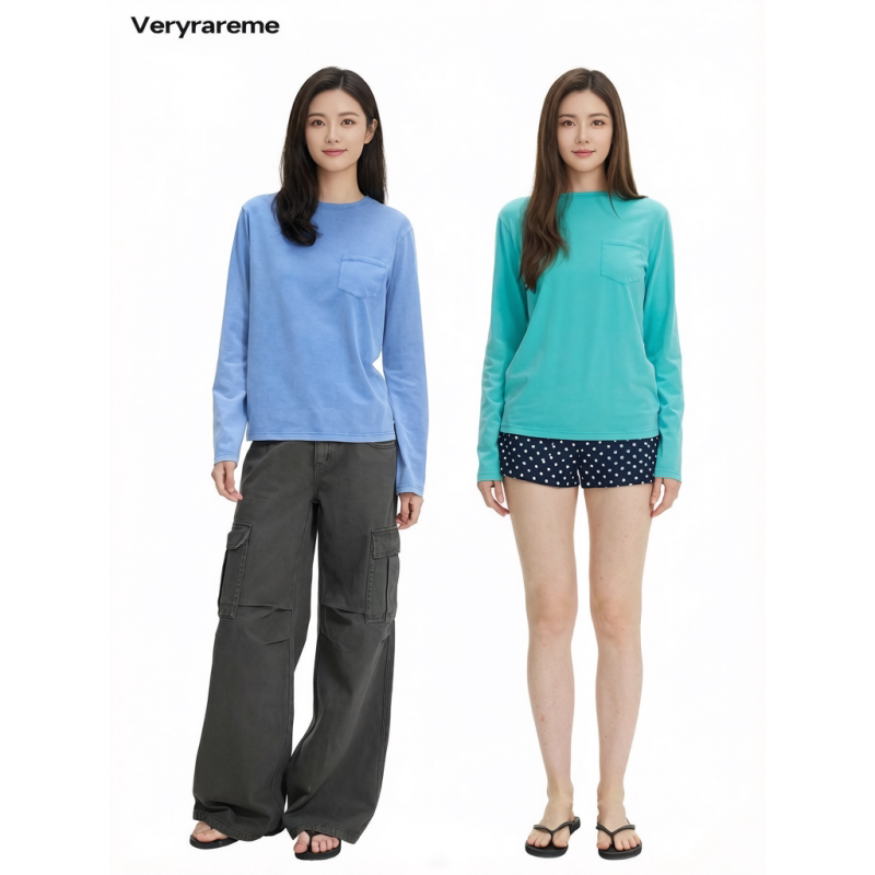 In Stock, Quick Delivery Veryrarene Casual Base Shirt, Salt-Washed Pocket Long-Sleeve Basic T-Shirt