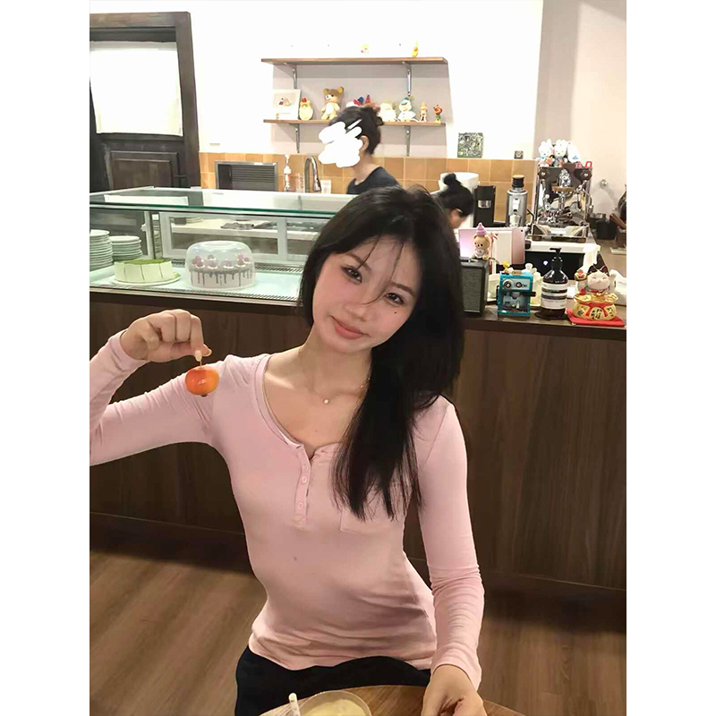 Korean-Style Autumn Retro Henley Collar Double-Layer Rolled Edge Long-Sleeve Knit Base Shirt Slim Fit T-Shirt