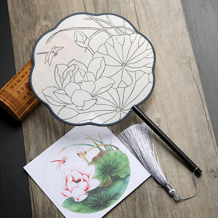 DIY Meticulous hand-painted group fan blank fan surface cooked silk round fan ancient style coloring painting activity material package