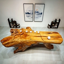 Running water Solid wood root carving tea table Tree root whole household camphor wood Zen small tea table Balcony log head tea table