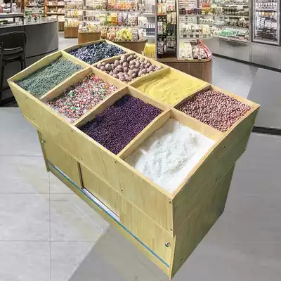 Supermarket dried fruit shelves bulk rice grain container dry container solid wood eight-grid 12-grain grain display cabinet food