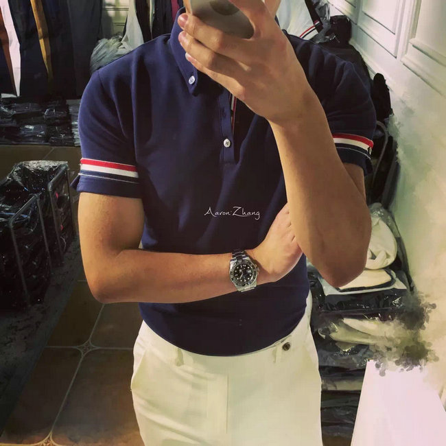 Mùa hè Châu Âu và Vương Quốc Anh Anh Slim Polo Áo Sơ Mi Ngắn Tay Áo TB Gió Tricolor Ribbon Ánh Sáng Polo Áo Tide Cotton T