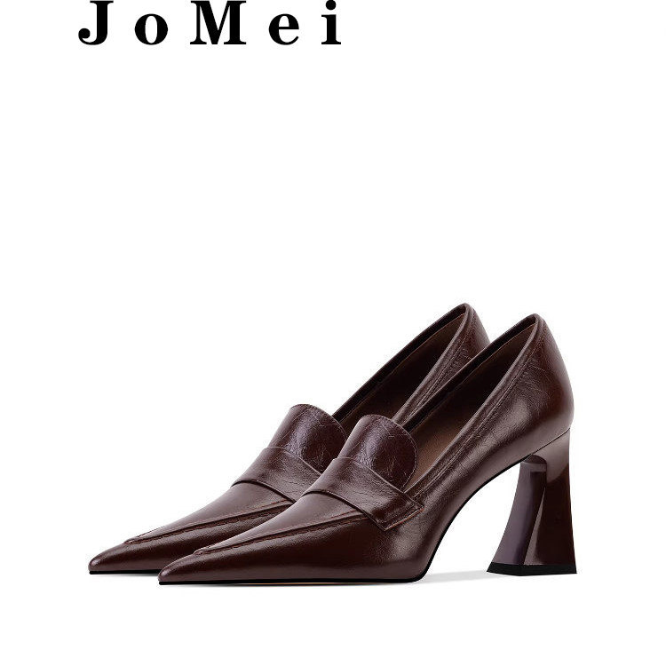 Sheepskin Version~Brown Chunky Heel Comfortable High Heels for Women 2026 Spring/Summer Pointed Toe Leather Shoes Workplace Deep-Cut Single Shoes
