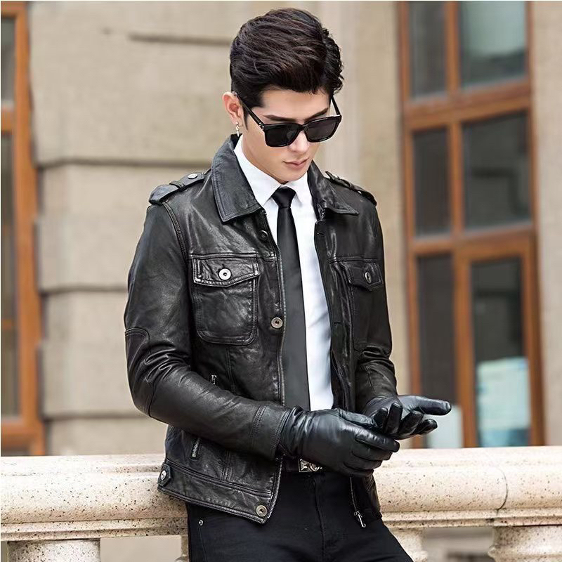 2025 New Genuine Leather Jacket for Men, Short Vegetable-Tanned Sheepskin Jacket with a Thin Lapel Leather Coat for Men 2025 New Genuine Leather Jacket for Men, Short Vegetable-Tanned Sheepskin Jacket with a Thin Lapel Leather Coat for Men