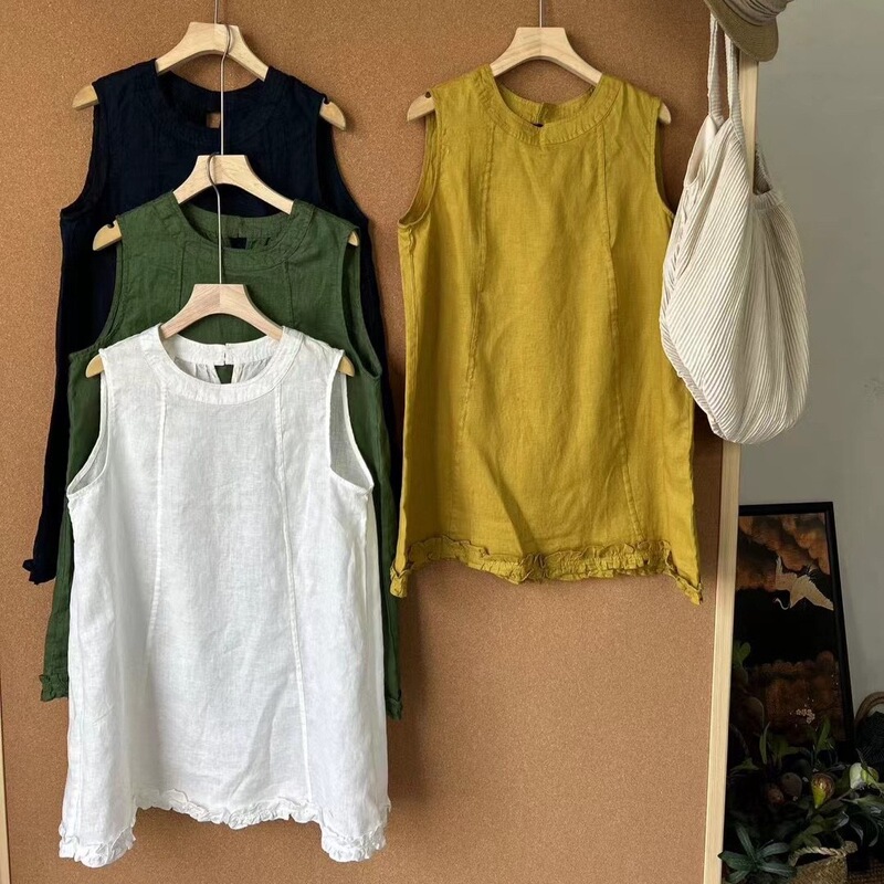 2026 New Style Loose Casual Mid-Length Lazy Style Round Neck Vest with Lace Trim Linen Shirt Sleeveless Outerwear