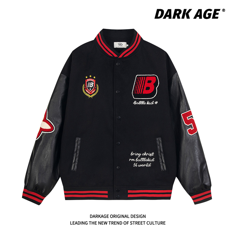 Darkage Original American-Style Badge Patchwork Color-Block Baseball Jacket for Men and Women, Spring and Autumn National Trend Brand Loose Jacket