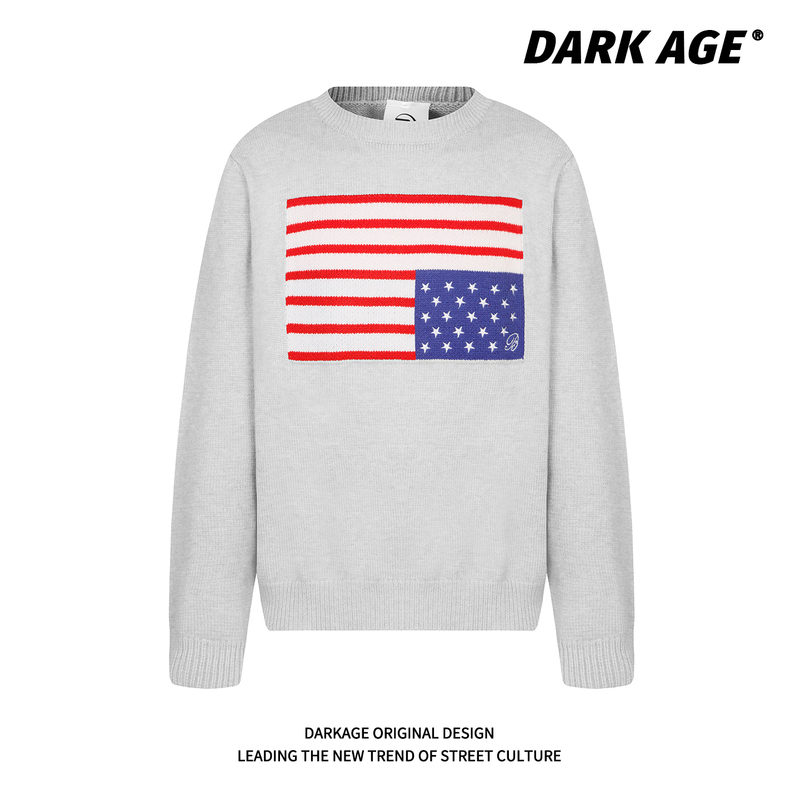 Darkage Original American Retro Flag Print Round Neck Sweater for Men and Women, Loose Knitted Base Layer Top for Autumn and Winter Darkage Original American Retro Flag Print Round Neck Sweater for Men and Women, Loose Knitted Base Layer Top for Autumn and Winter